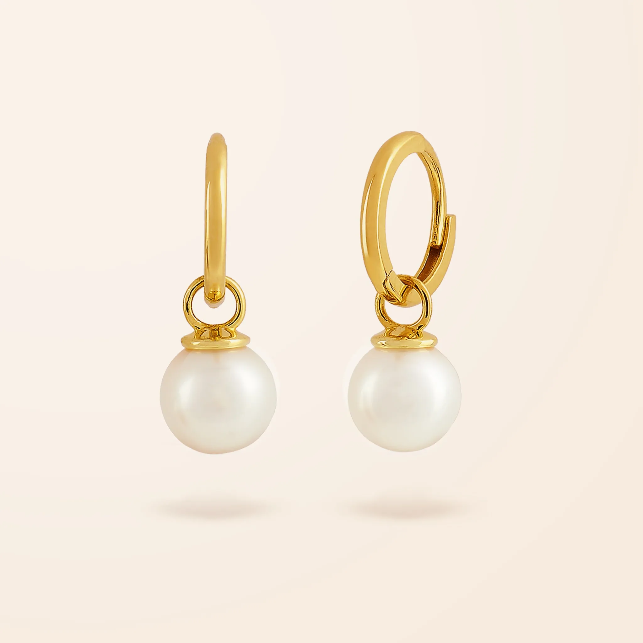 10K Gold Huggie Earrings with Pearl Charm Drop