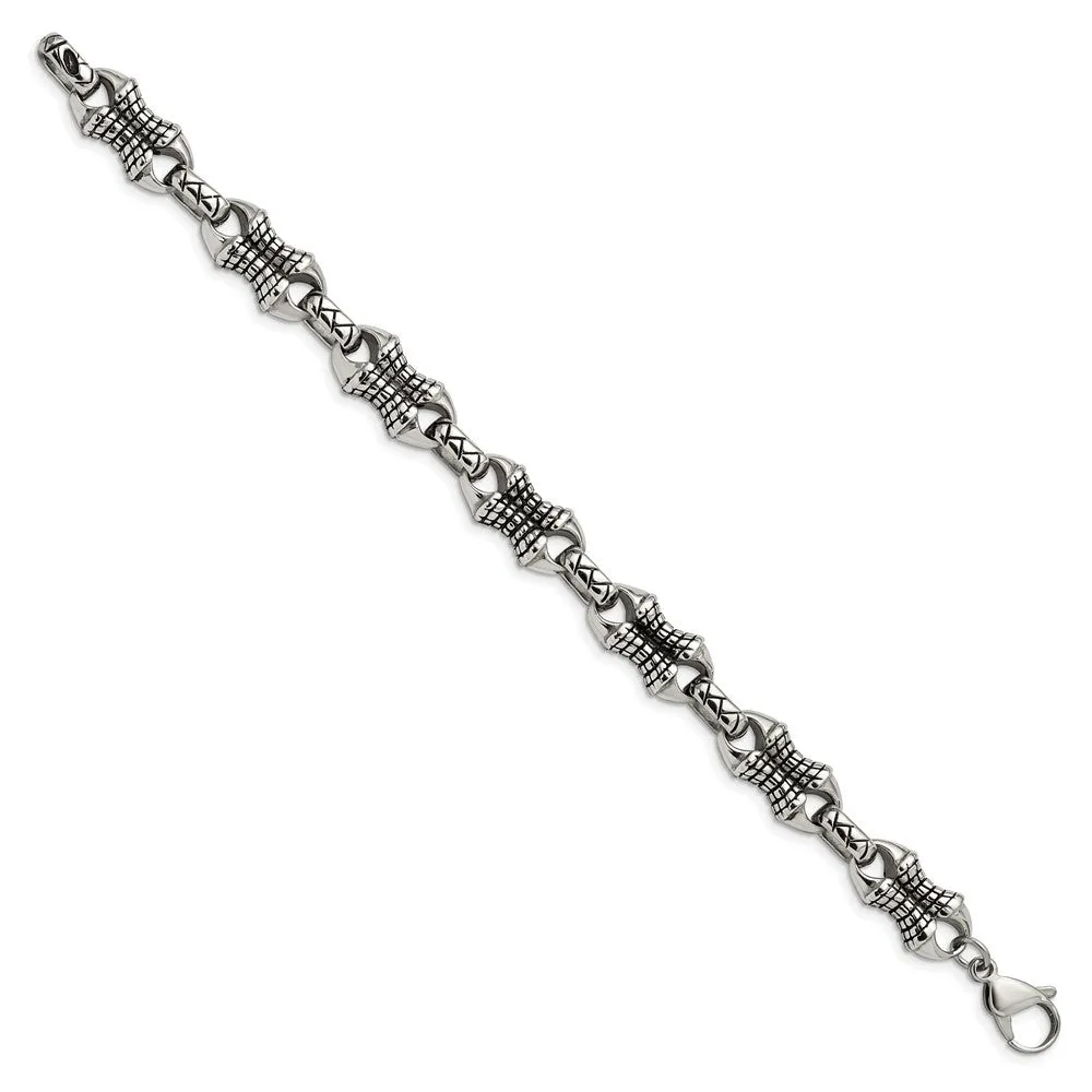 13mm Stainless Steel Antiqued & Textured Chain Link Bracelet, 8.75 In