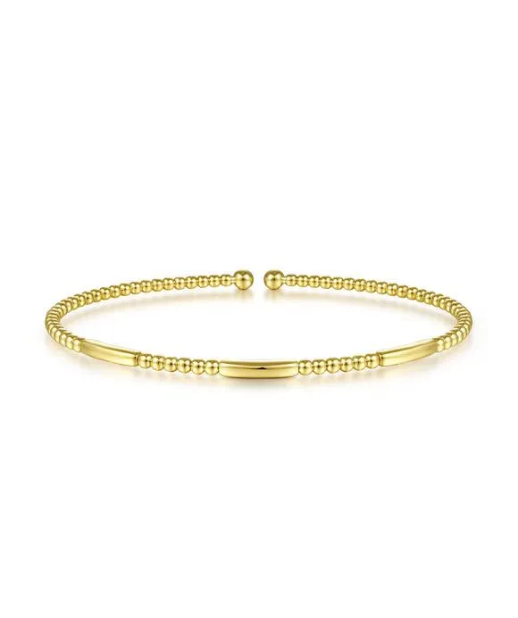 14K Yellow Gold Alternating Bujukan Bead and Plain Bar Cuff Bracelet