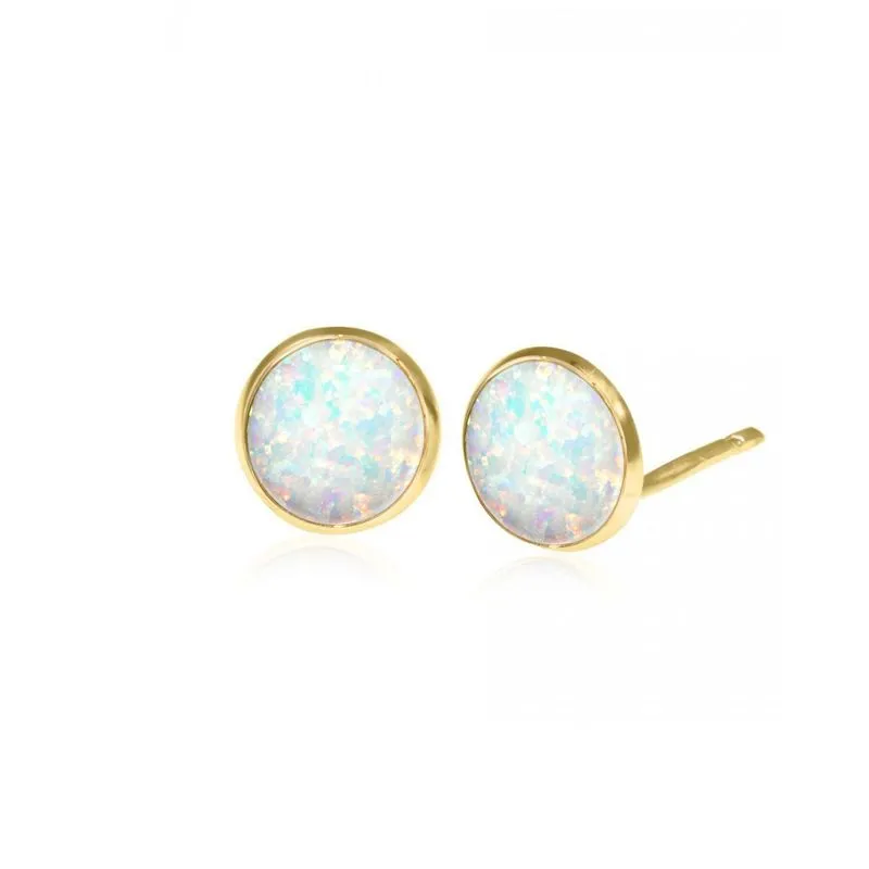 14K Yellow Gold Round White Opal 6mm Stud Earrings