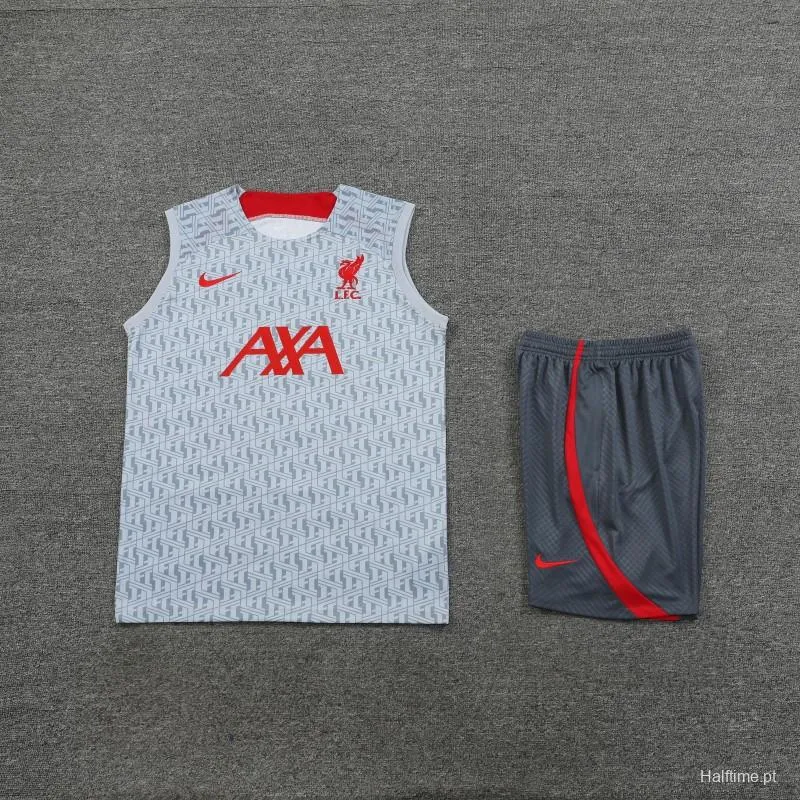 23-24 Liverpool White/Grey Grid Vest Jersey+Shorts