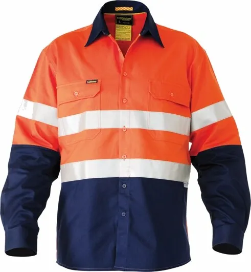 Bisley Workwear BS6448T Mens High Visibility Long Sleeve Shirt - Open Front - Vented - Reflective Tape - Orange/Navy - S