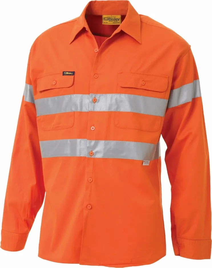 Bisley Workwear BS6897 Hi Visibility Long Sleeve Shirt - Drill - Cotton - Cool - Day/Night - Reflective Tape - Orange - XS