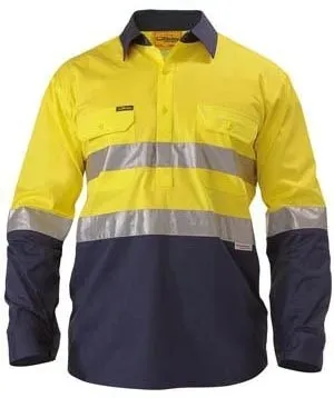 Bisley Workwear BSC6896 Long Sleeve Shirt - Closed Front - Light Weight - Reflective Tape - Yellow/Navy - S