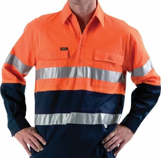 Bisley Workwear BTC6456 Long Sleeve Shirt - Cotton - Closed Front - Reflective Tape - Orange/Navy - S