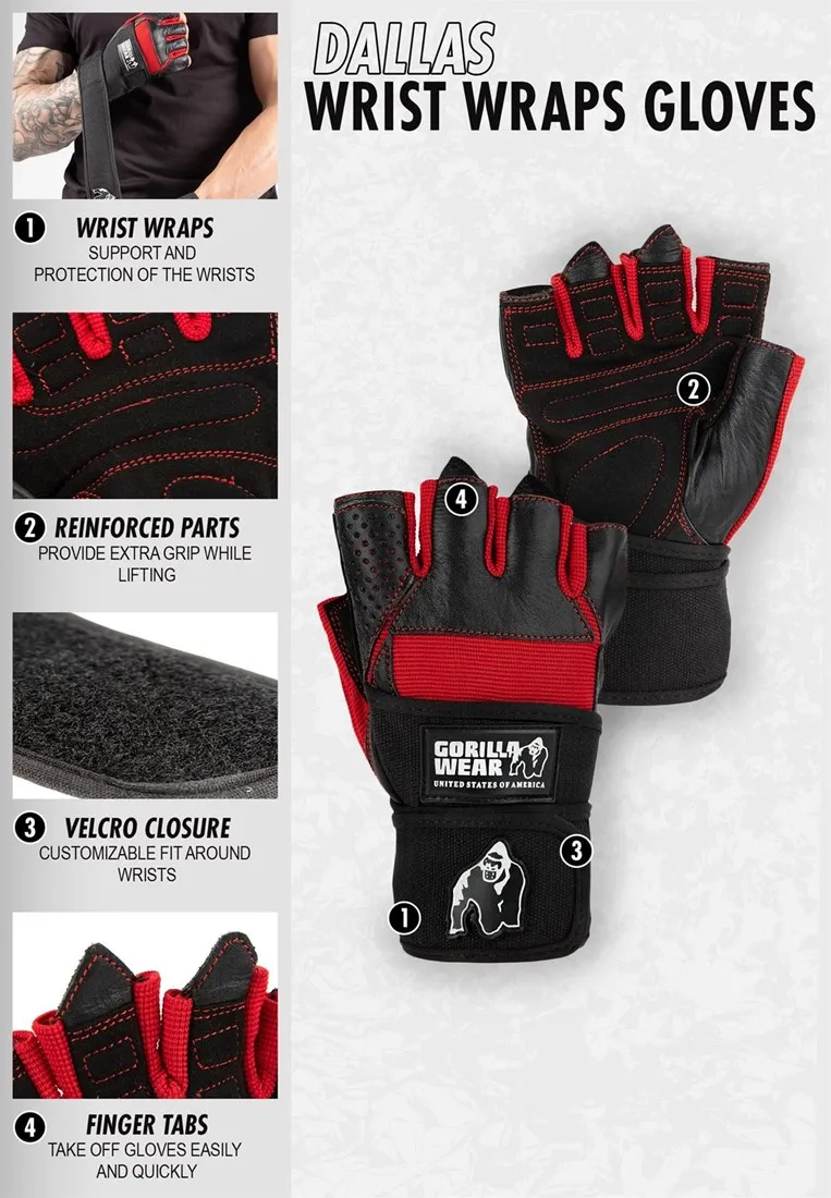 Dallas Wrist Wraps Gloves - Black/Red Stitched - 3XL Gorilla Wear