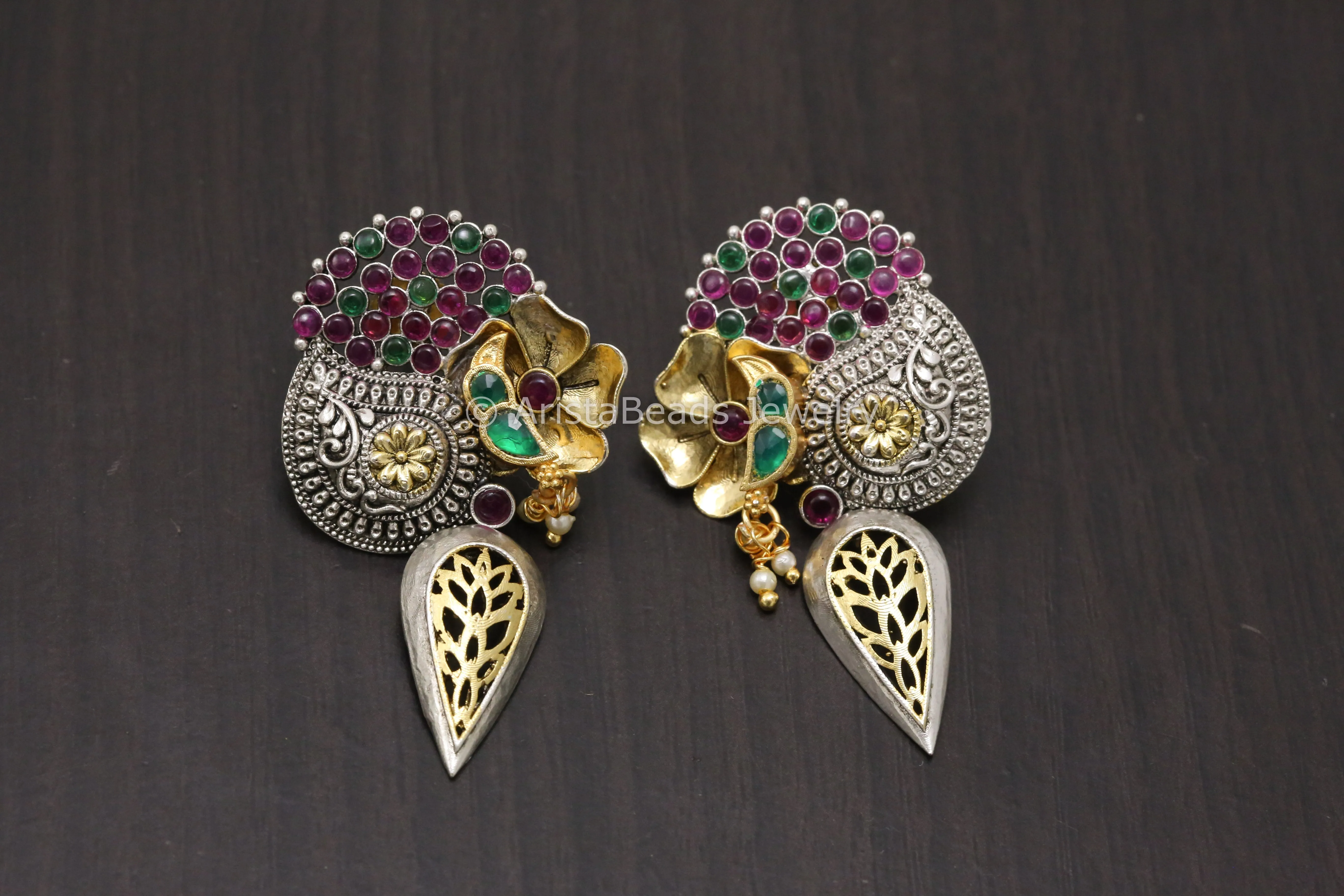 Dual Tone Kemp Stones & Pachi Kundan Earrings