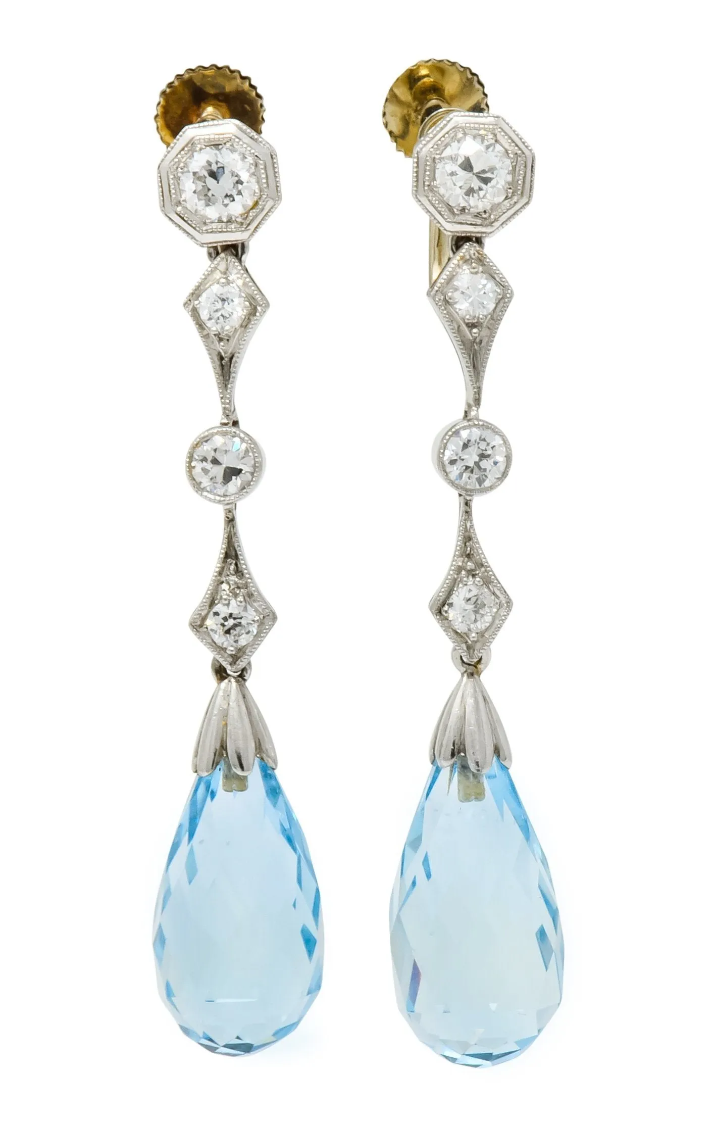 Edwardian Diamond Aquamarine Briolette Platinum Drop Earrings