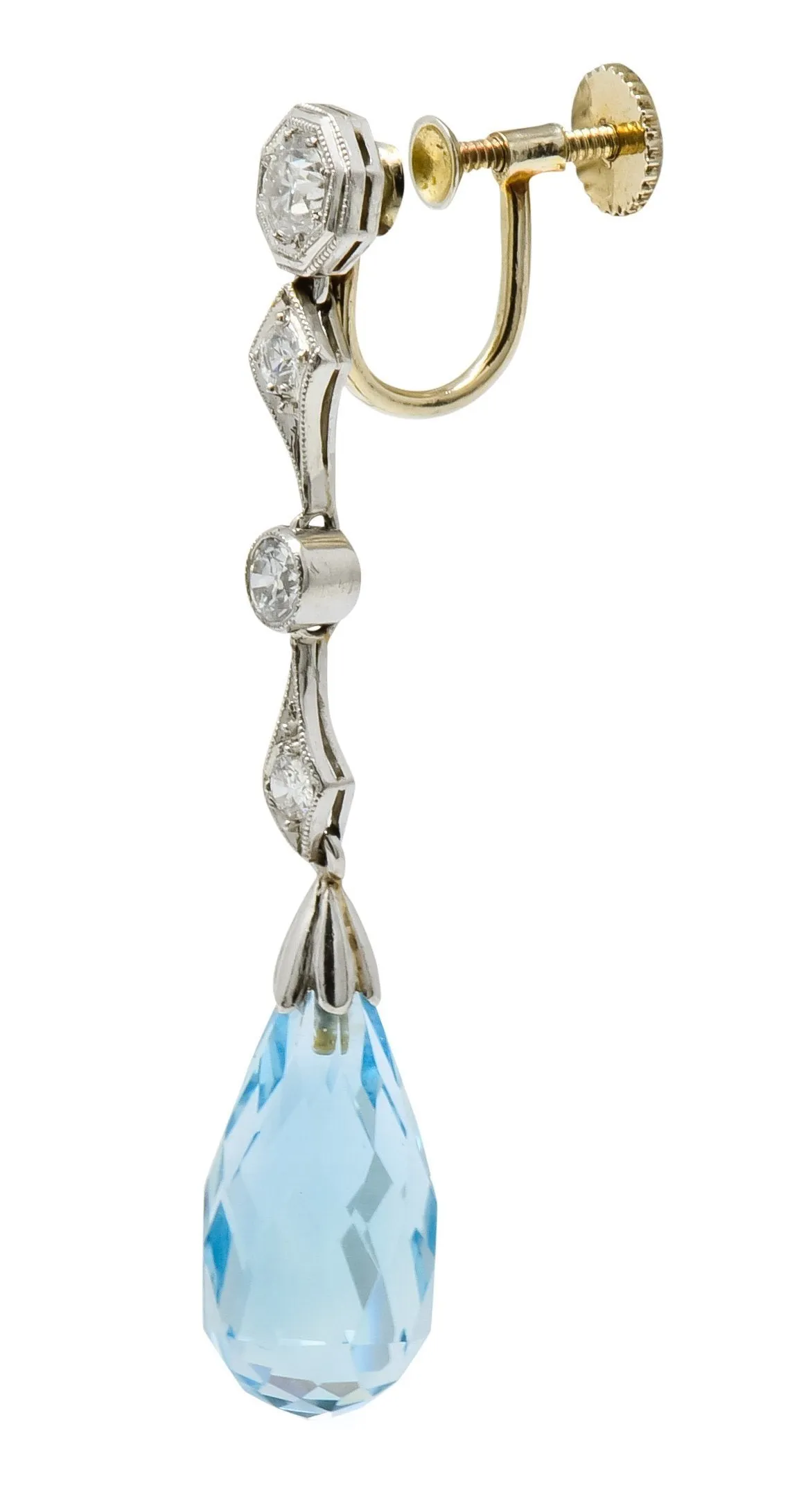 Edwardian Diamond Aquamarine Briolette Platinum Drop Earrings