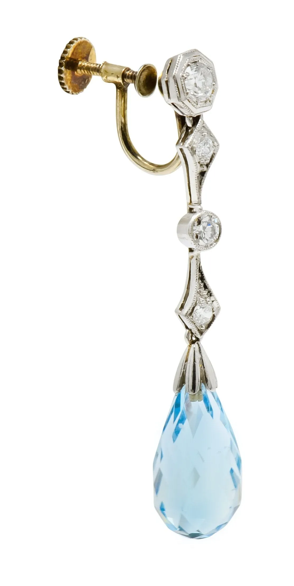 Edwardian Diamond Aquamarine Briolette Platinum Drop Earrings