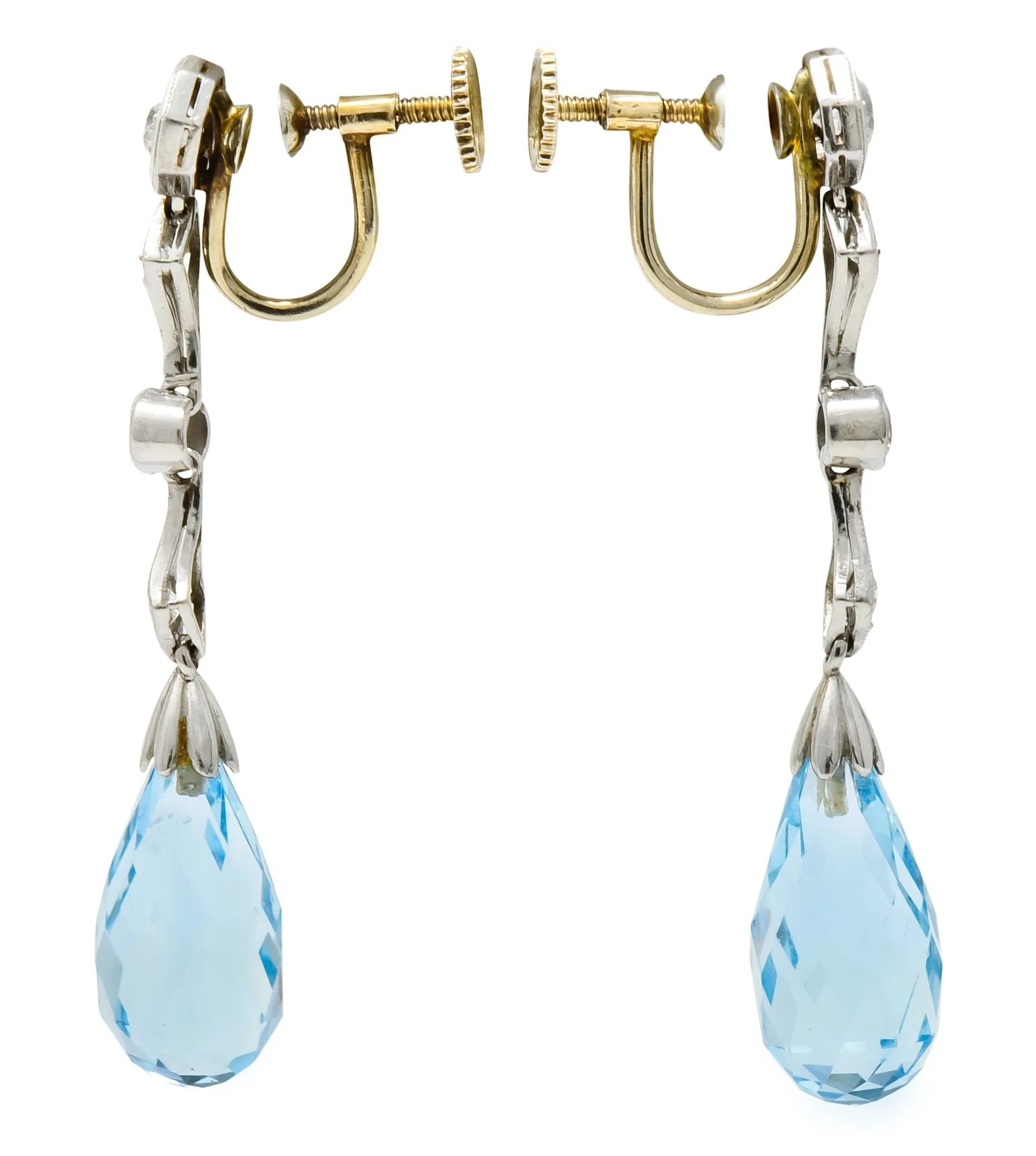 Edwardian Diamond Aquamarine Briolette Platinum Drop Earrings