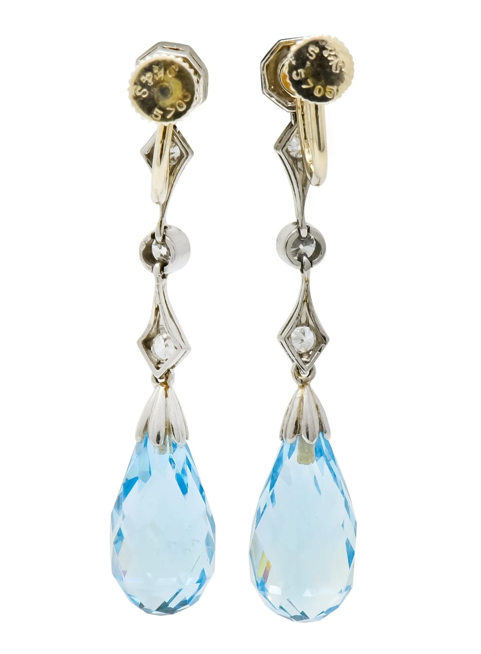 Edwardian Diamond Aquamarine Briolette Platinum Drop Earrings