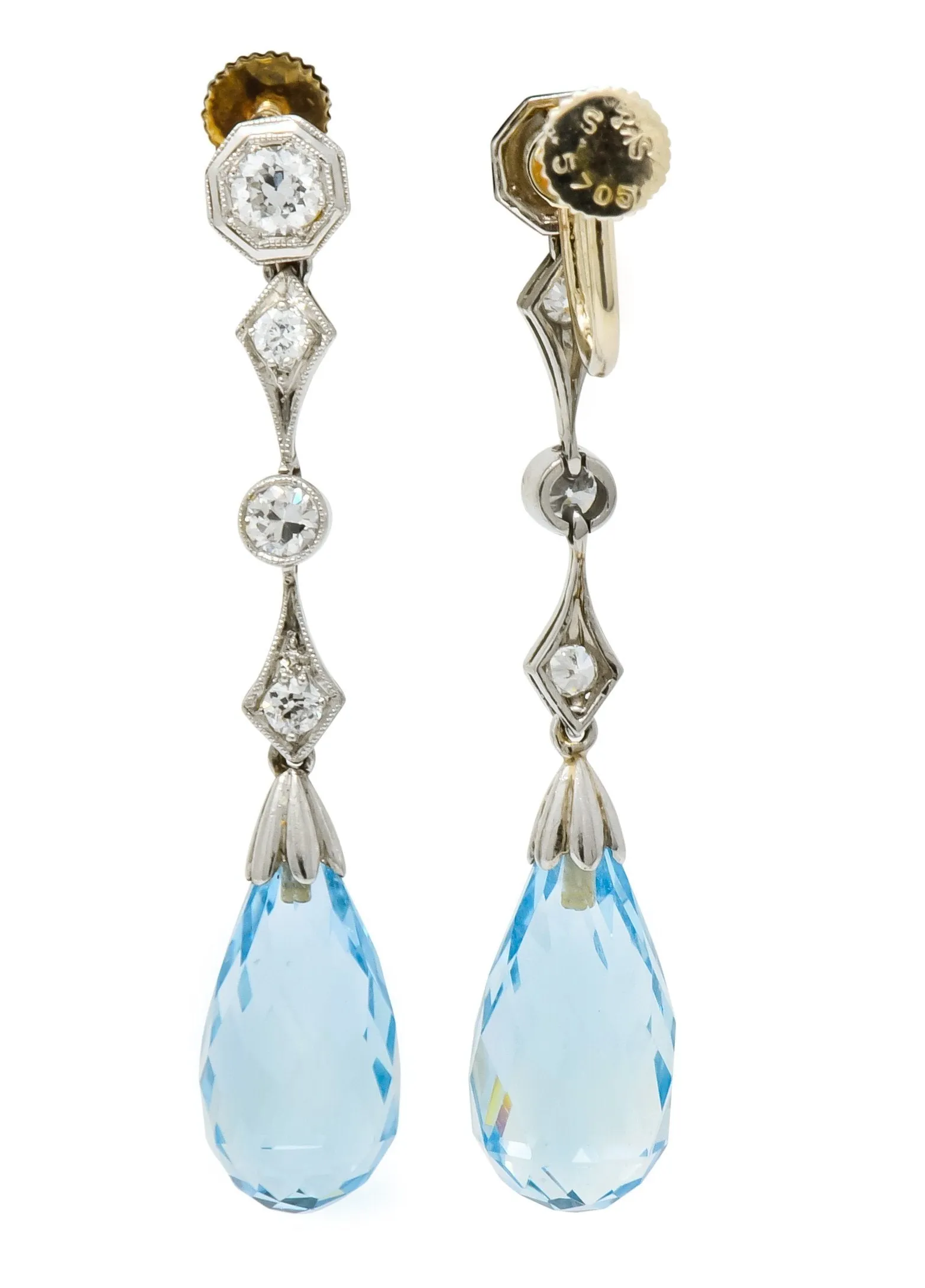 Edwardian Diamond Aquamarine Briolette Platinum Drop Earrings