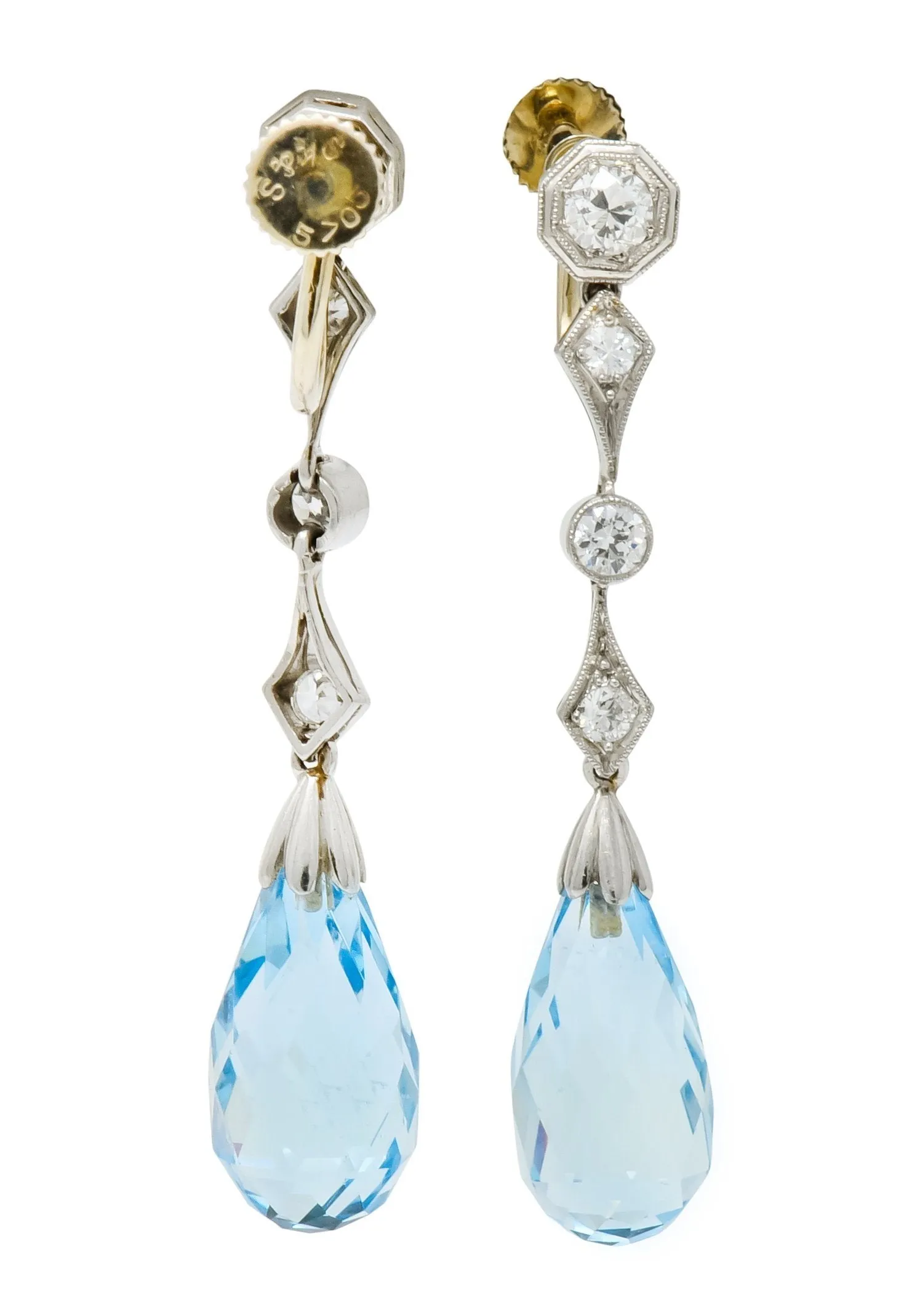 Edwardian Diamond Aquamarine Briolette Platinum Drop Earrings