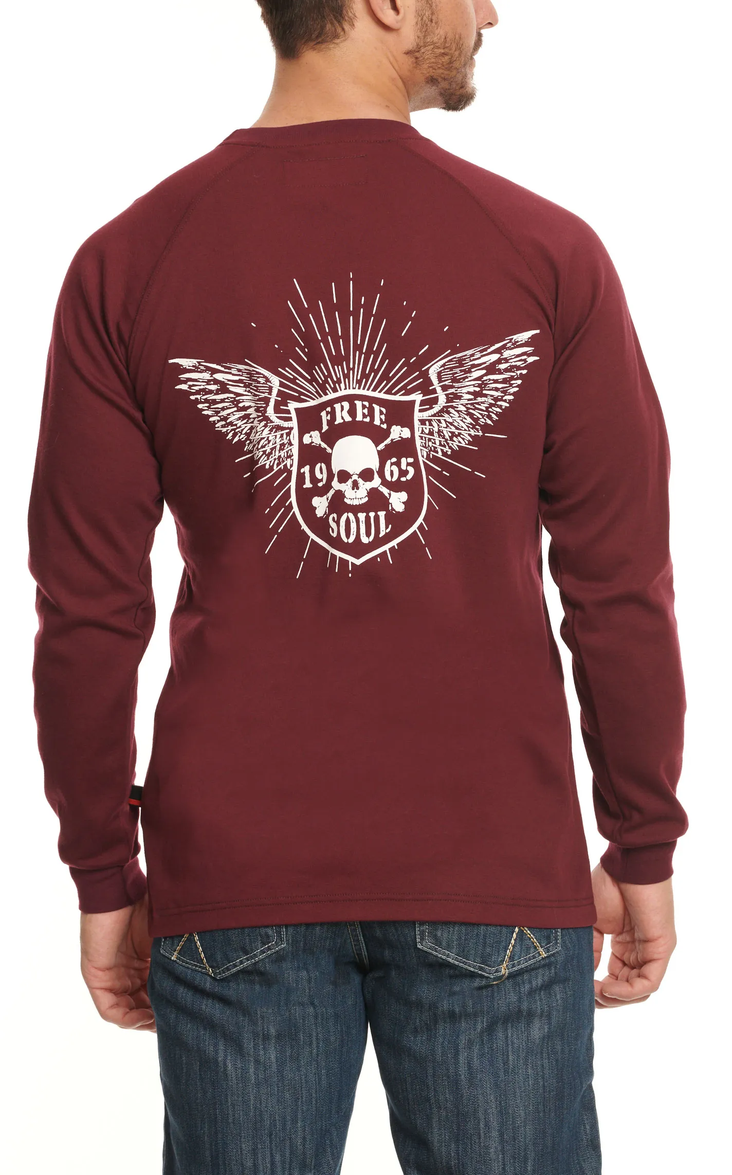 Forge Workwear Men's Burgundy with Winged Free Soul Graphic FR Long Sleeve Work T-Shirt