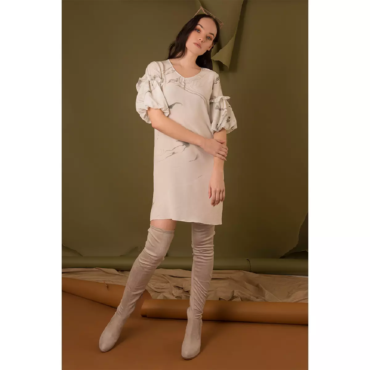 --Hand marbled silk tunic white & grey dress-