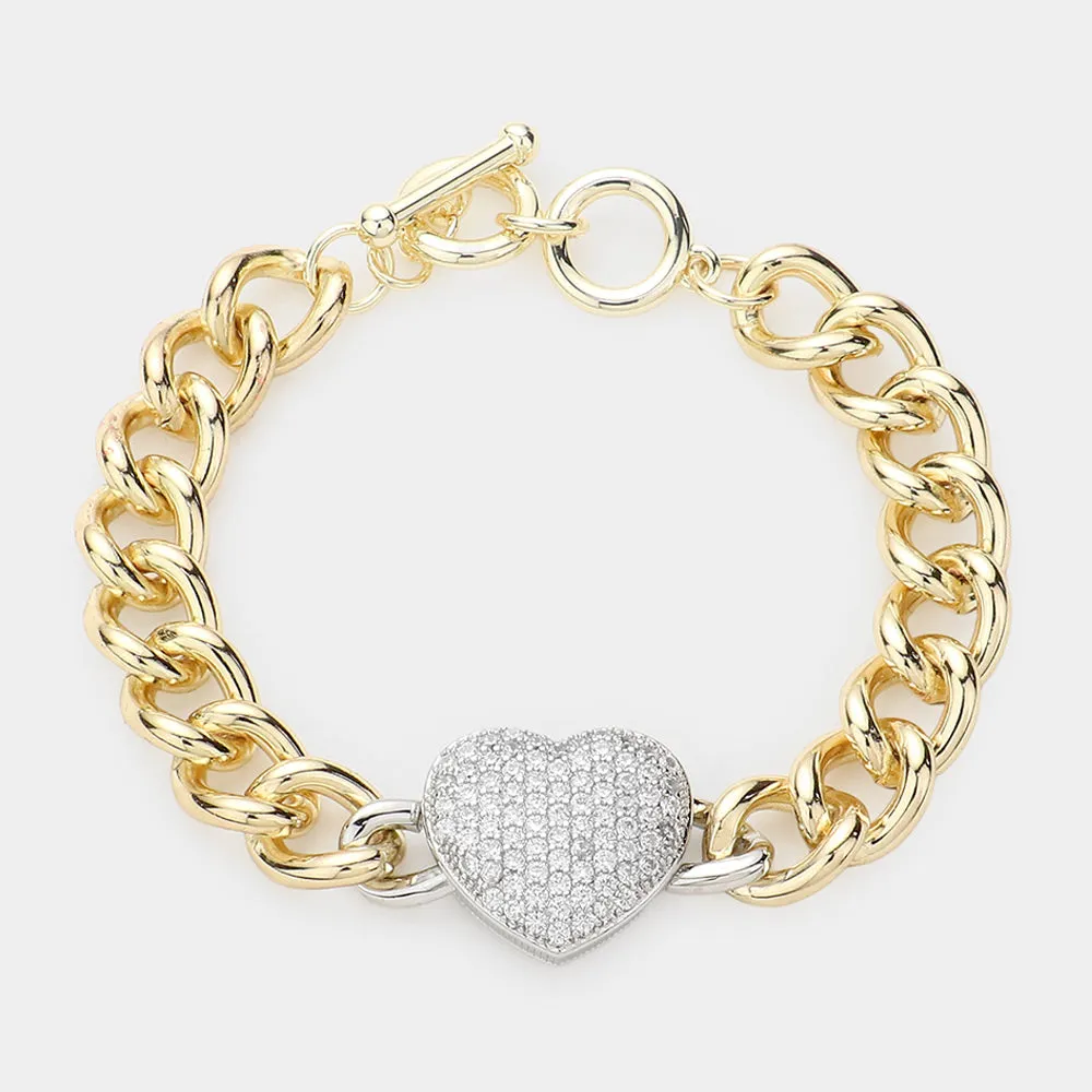 iLLASPARKZ CZ Stone Paved Heart Pendant Accented Chain Toggle Bracelet