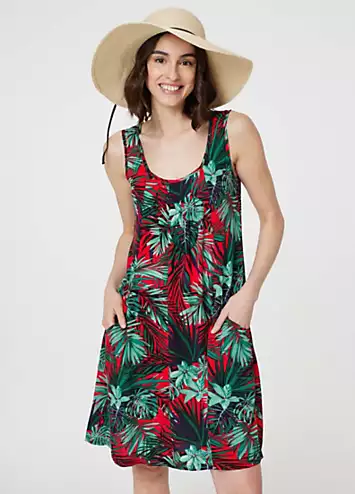 Izabel London Multi Red Leaf Print Sleeveless Tunic Dress | Grattan