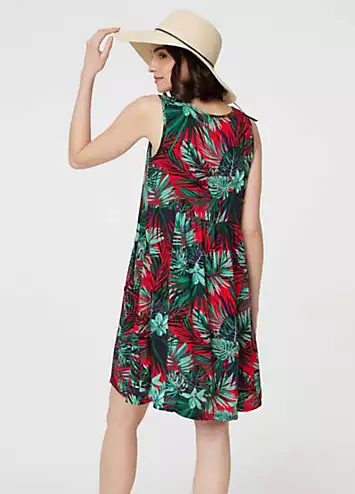 Izabel London Multi Red Leaf Print Sleeveless Tunic Dress | Grattan