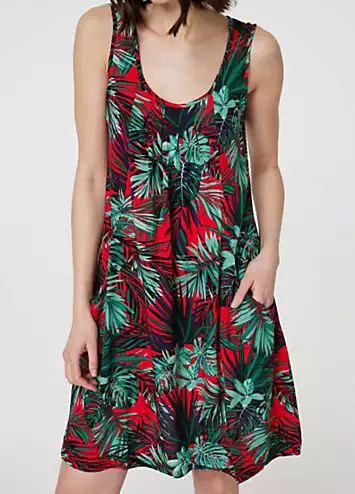 Izabel London Multi Red Leaf Print Sleeveless Tunic Dress | Grattan