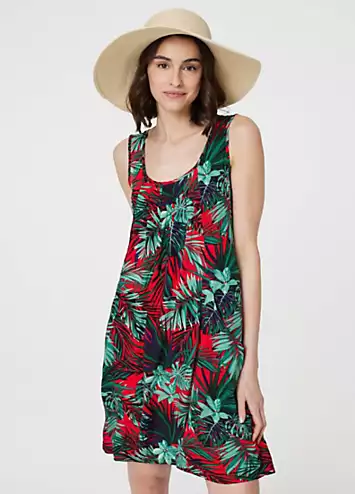 Izabel London Multi Red Leaf Print Sleeveless Tunic Dress | Grattan