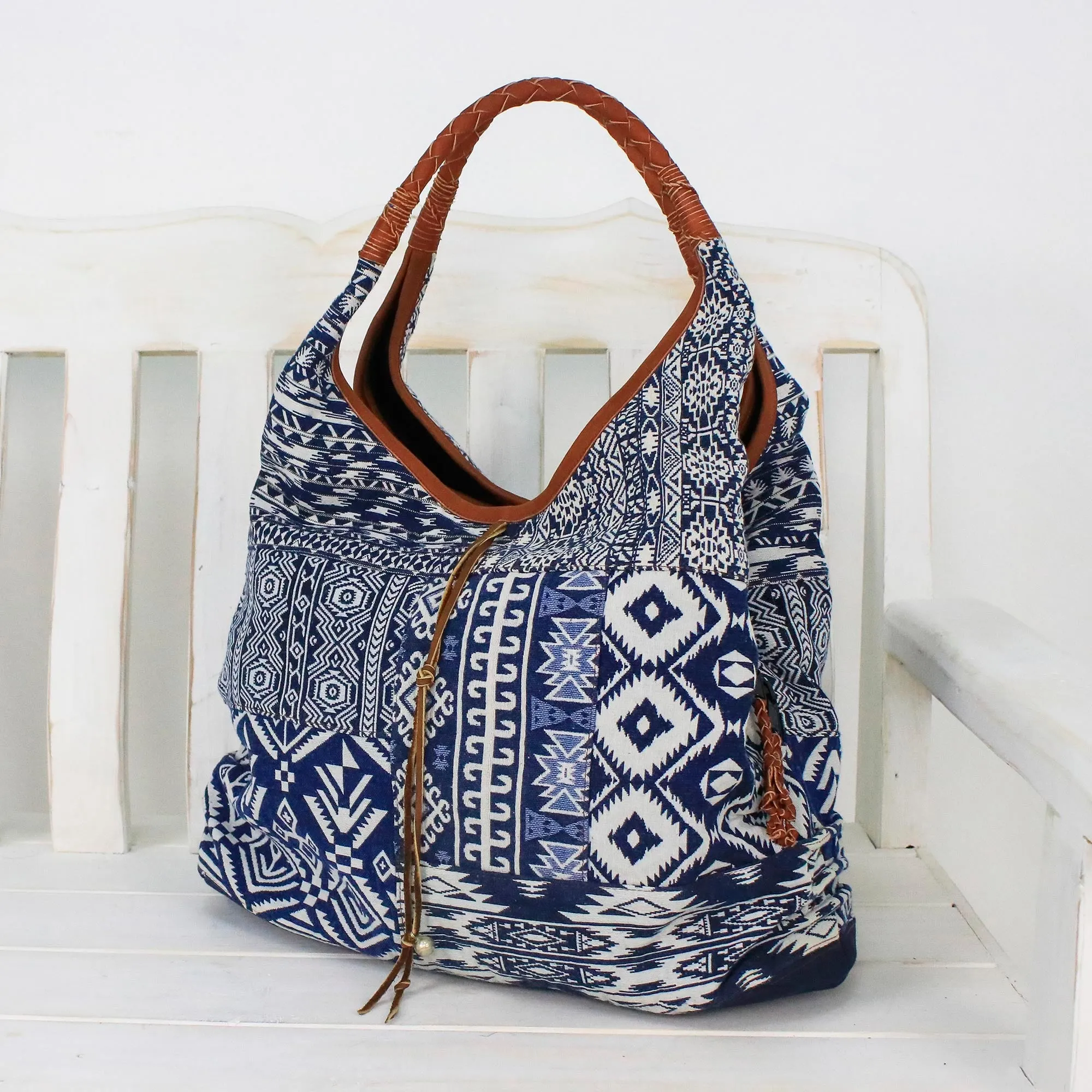 Lapis Geometry Leather Accent Cotton Blend Hobo Bag in Lapis and White