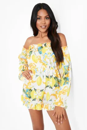 Lemon Print Off The Shoulder Frill Romper