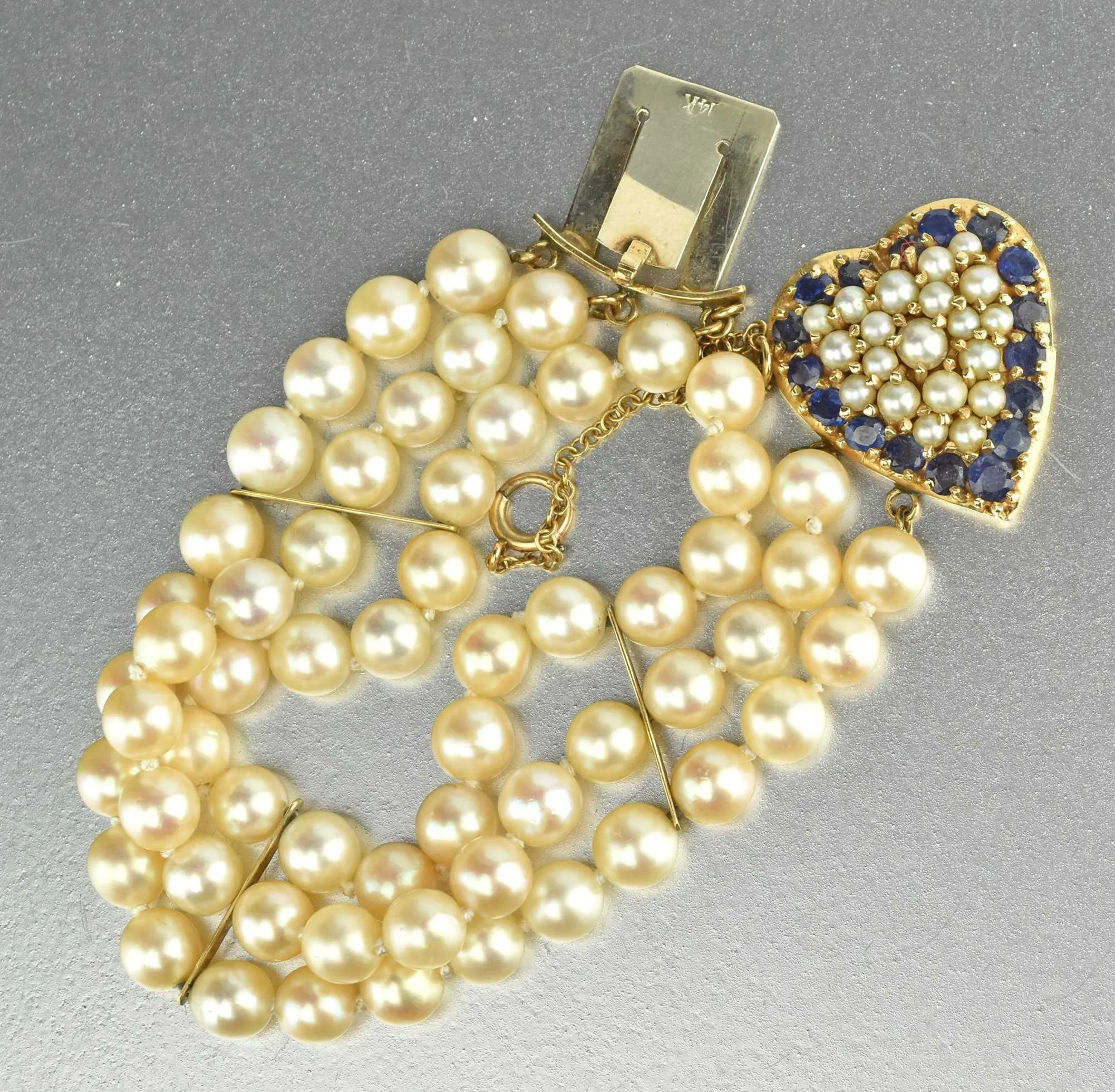 Mid Century Sapphire & Pearl 14K Gold Heart Bracelet