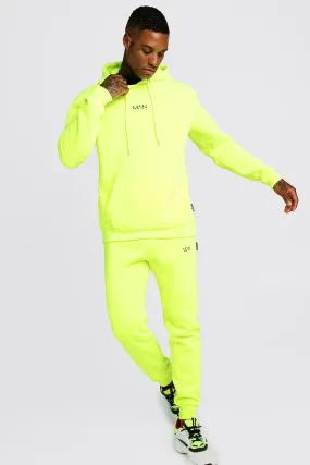 Original MAN Neon Hooded Tracksuit With Tab | boohooMAN UK