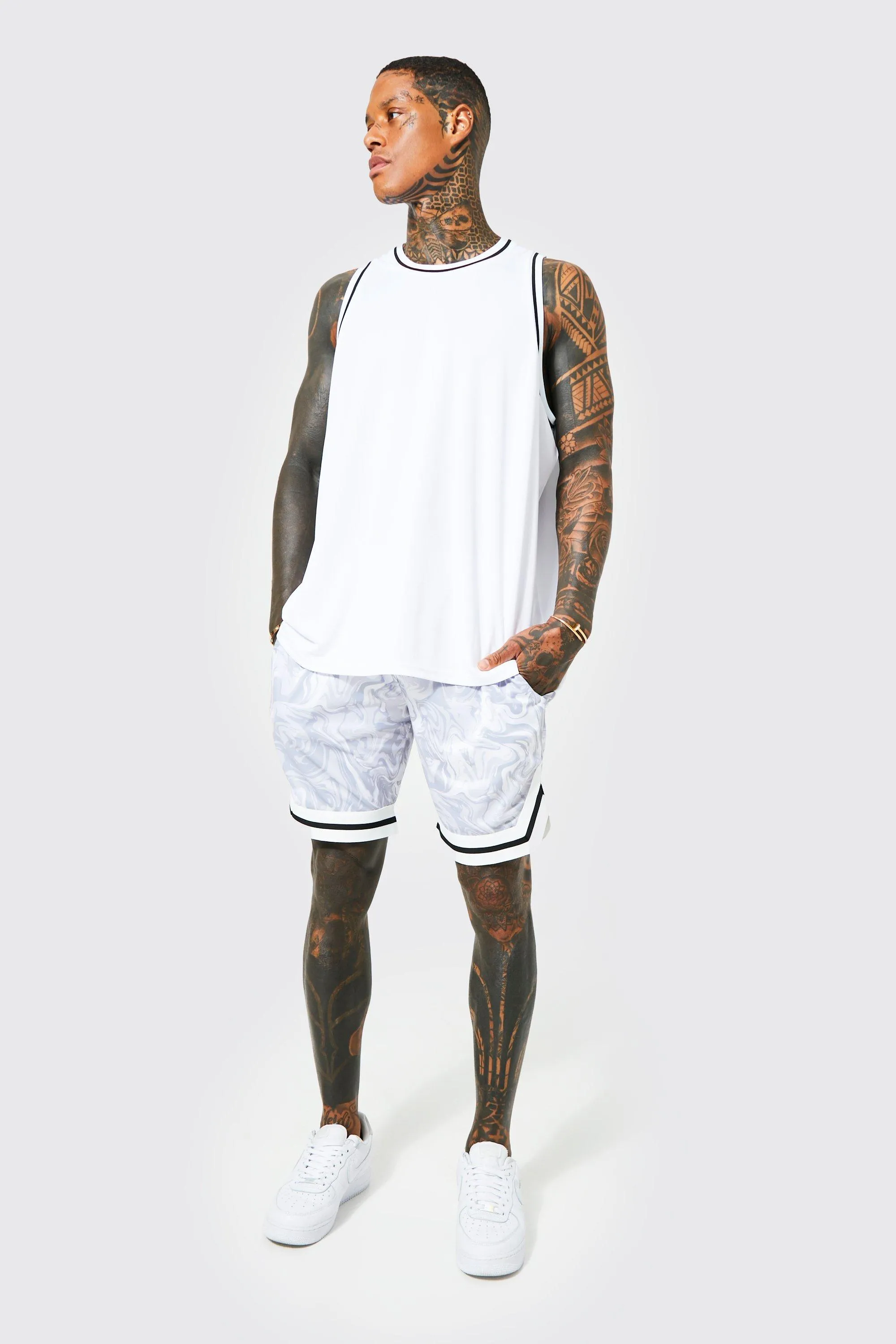 Oversized Marble Basketball Vest Short Set | boohooMAN UK