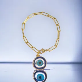 Paper clip evil eye charm bracelet in 18k of gold layered