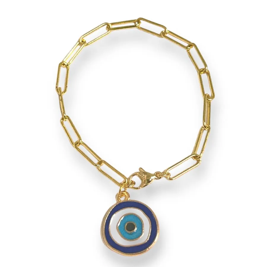 Paper clip evil eye charm bracelet in 18k of gold layered