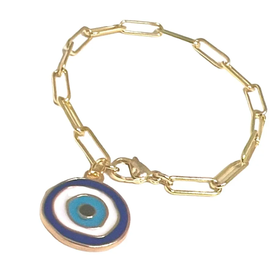 Paper clip evil eye charm bracelet in 18k of gold layered