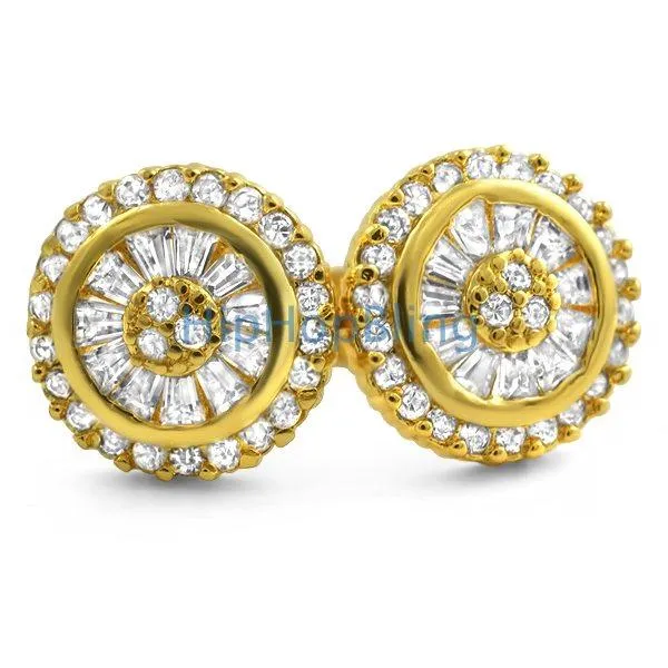 Radiant Baguette Gold CZ Micro Pave Bling Earrings