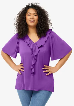 Ruffle Neckline Flutter Sleeve Tunic