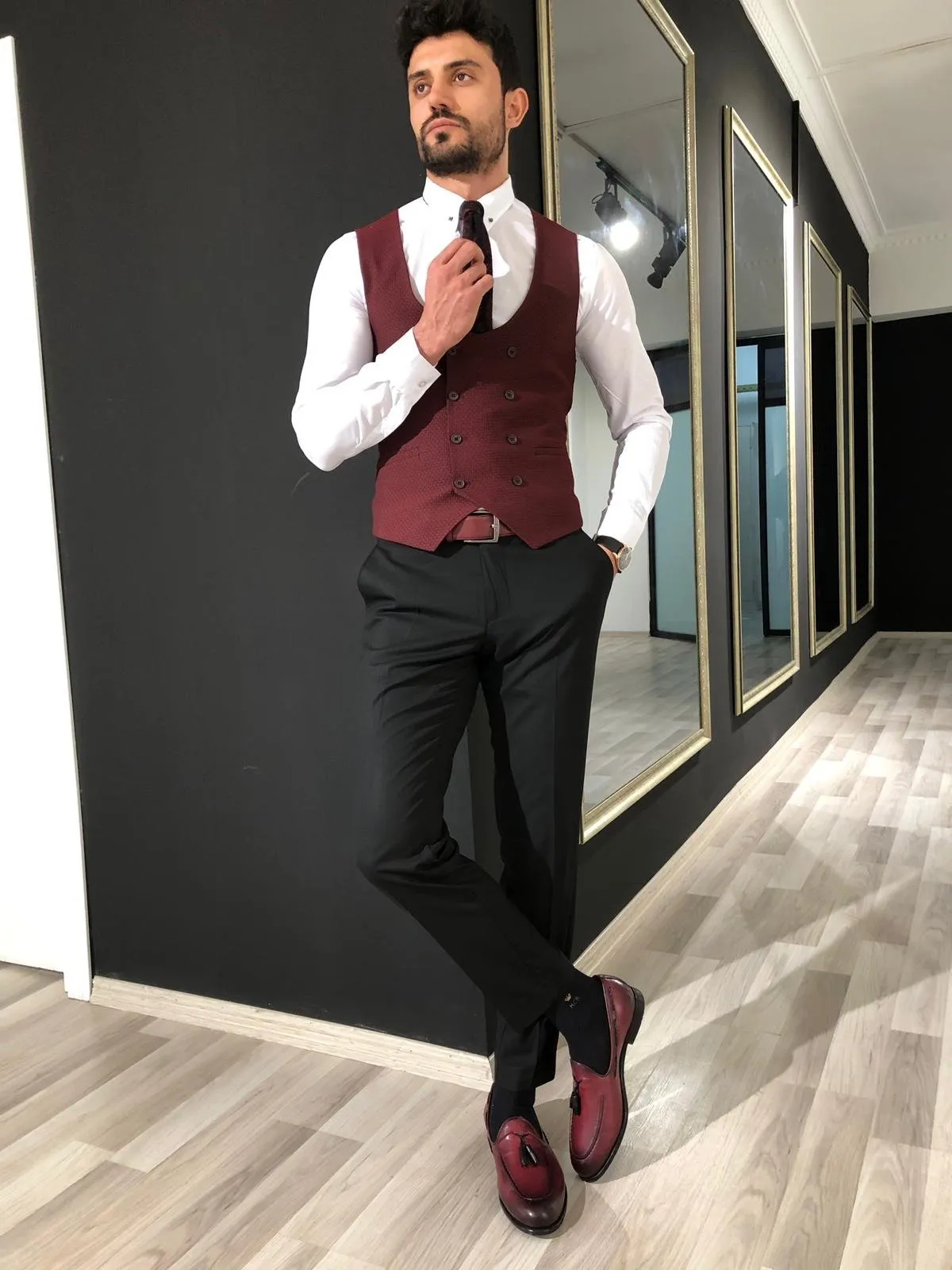 Slim-Fit Double  Breasted Vest Claretred