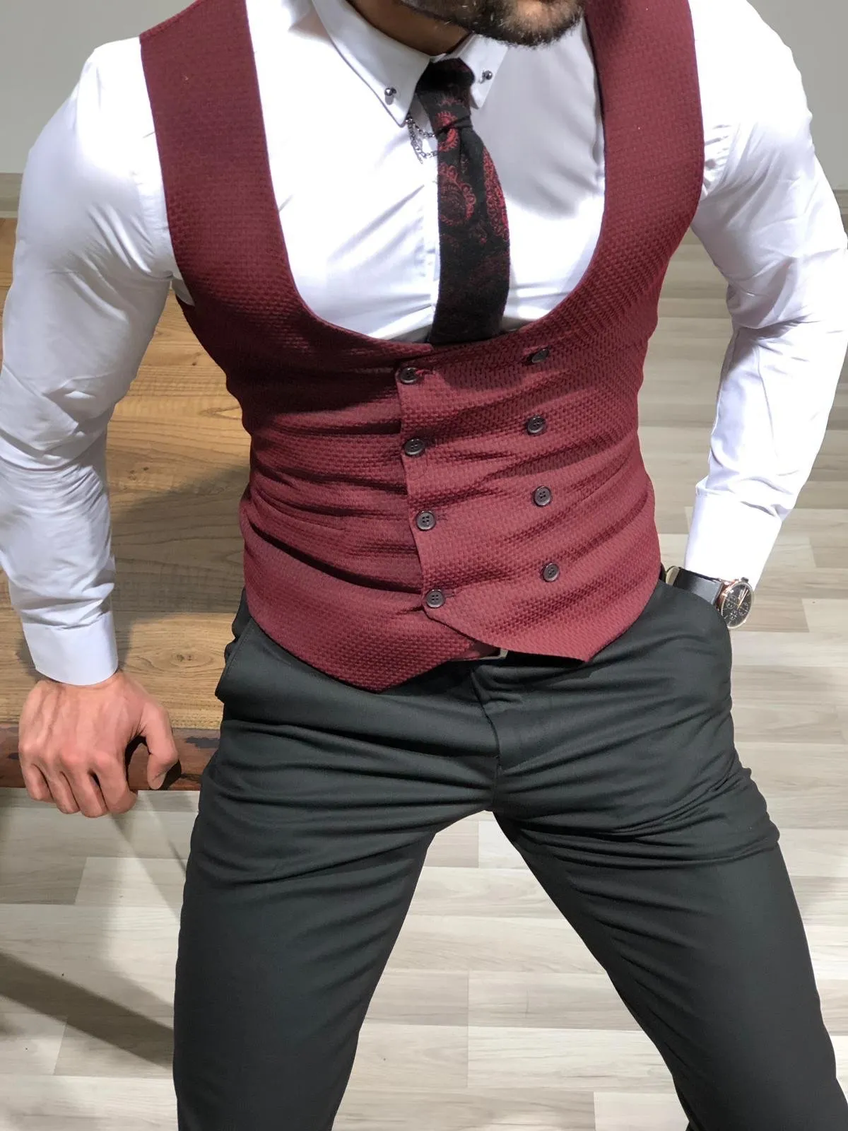 Slim-Fit Double  Breasted Vest Claretred