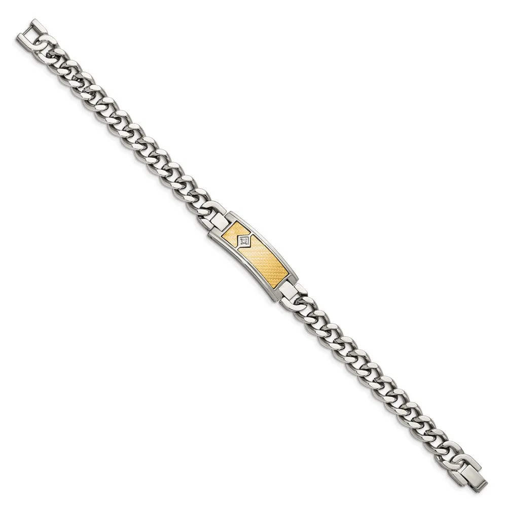 Stainless Steel & 18K Yellow Gold Inlay & Diamond I.D. Bracelet, 9 In