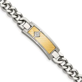 Stainless Steel & 18K Yellow Gold Inlay & Diamond I.D. Bracelet, 9 In