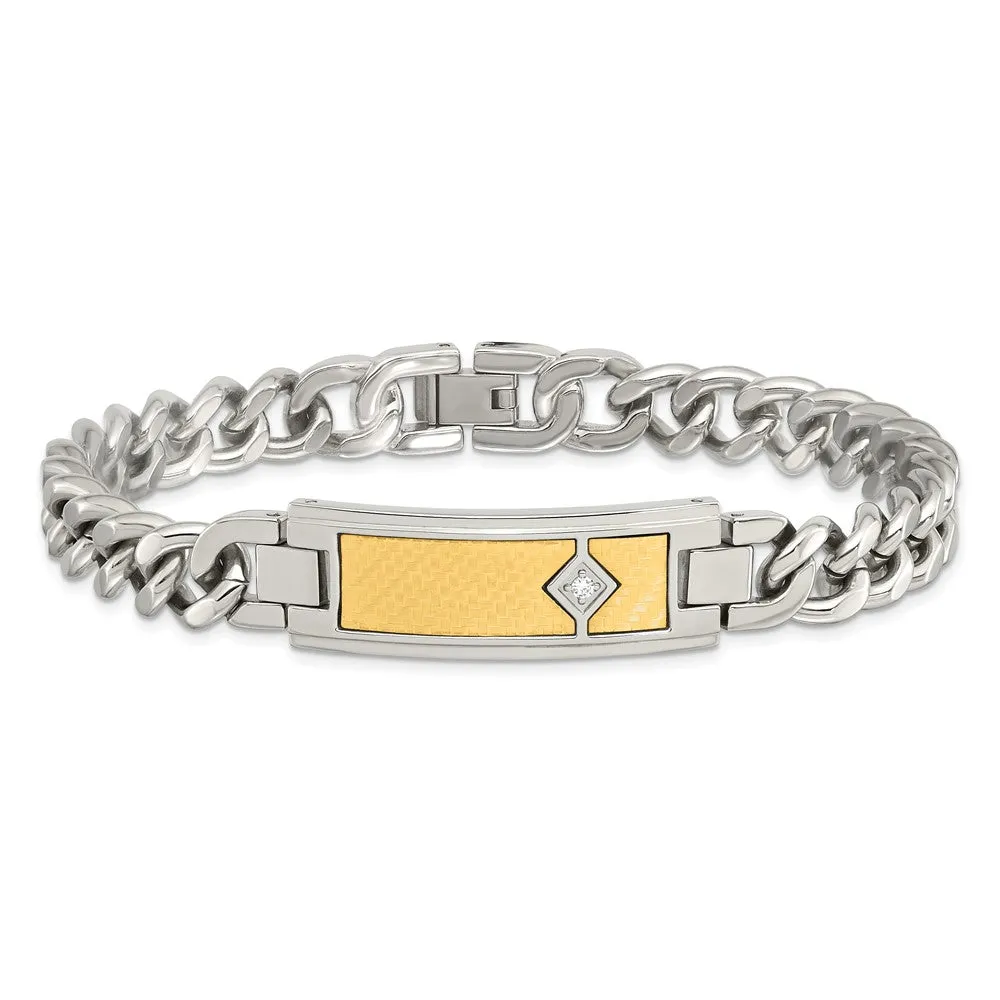 Stainless Steel & 18K Yellow Gold Inlay & Diamond I.D. Bracelet, 9 In