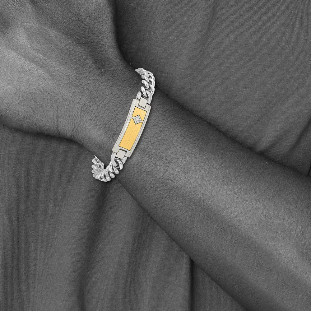 Stainless Steel & 18K Yellow Gold Inlay & Diamond I.D. Bracelet, 9 In