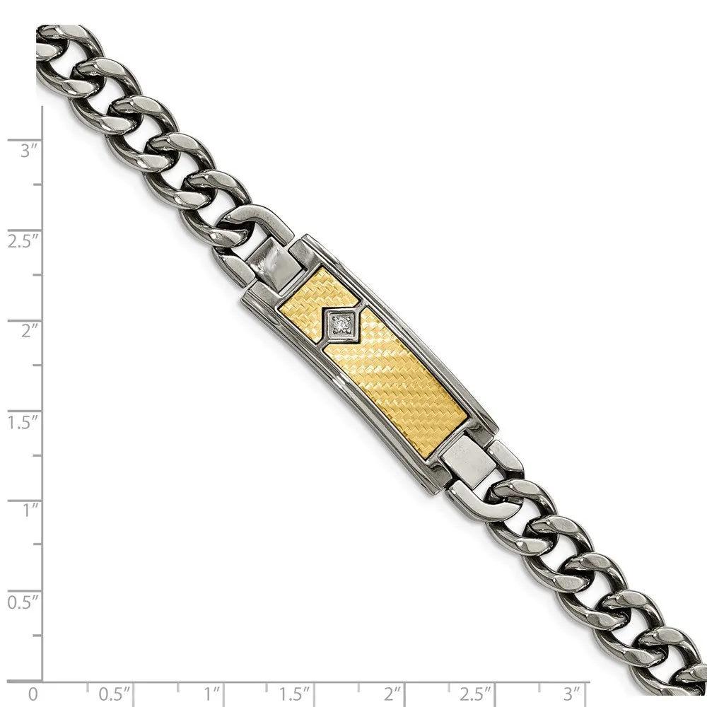 Stainless Steel & 18K Yellow Gold Inlay & Diamond I.D. Bracelet, 9 In