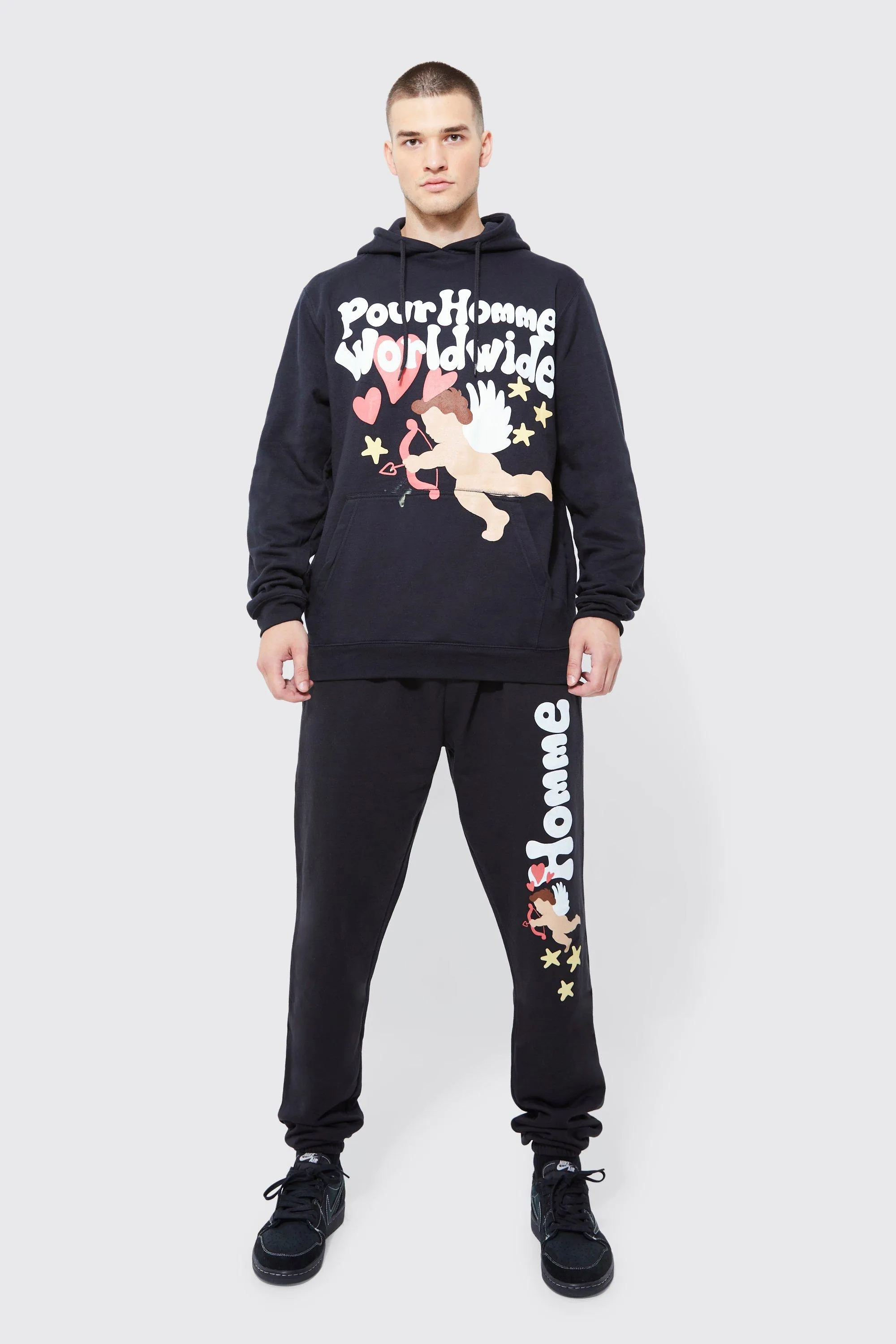 Tall Pour Homme Cupid Graphic Hooded Tracksuit | boohooMAN UK