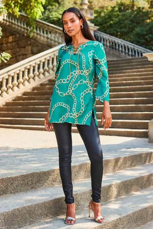 Teal Chain Print Lace Front Longline Tunic Top