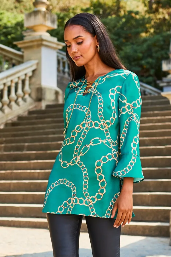 Teal Chain Print Lace Front Longline Tunic Top