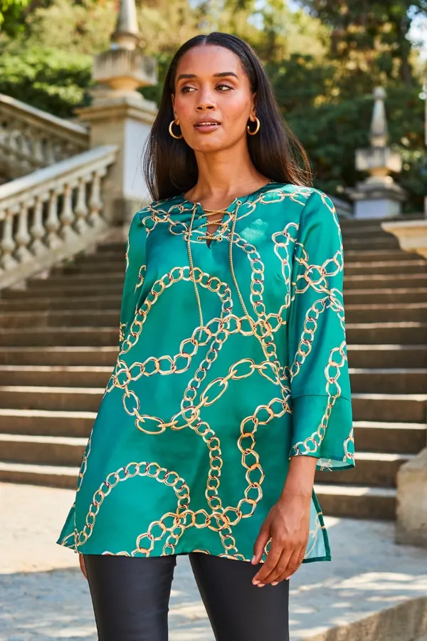 Teal Chain Print Lace Front Longline Tunic Top