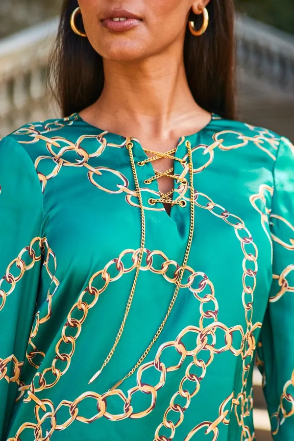 Teal Chain Print Lace Front Longline Tunic Top