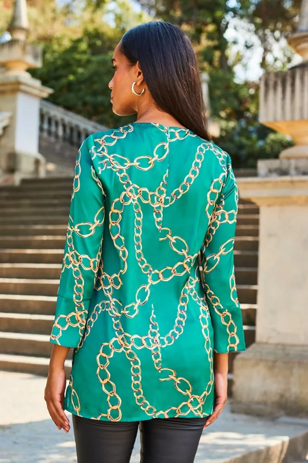 Teal Chain Print Lace Front Longline Tunic Top