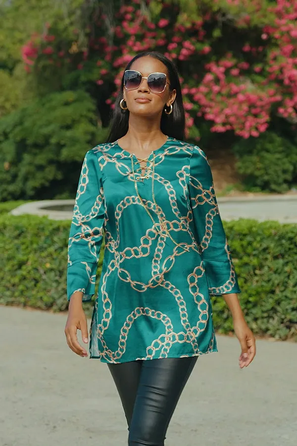 Teal Chain Print Lace Front Longline Tunic Top