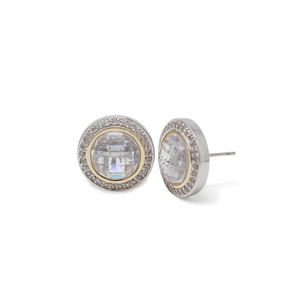 Two Tone Round Faceted Clear CZ Stud Earrings